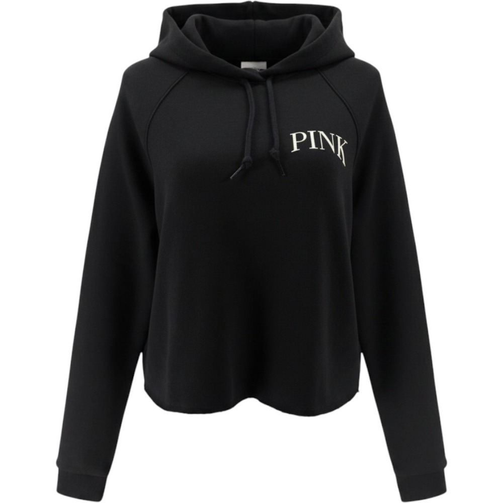 Pink Women's Raw Edge Hem Cropped Everyday Fleece Pullover Hoodie‎ Black Size M